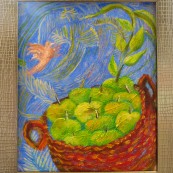 Elżbieta Goszczycka - Koliber i kosz jabłek obraz olejny w ramce