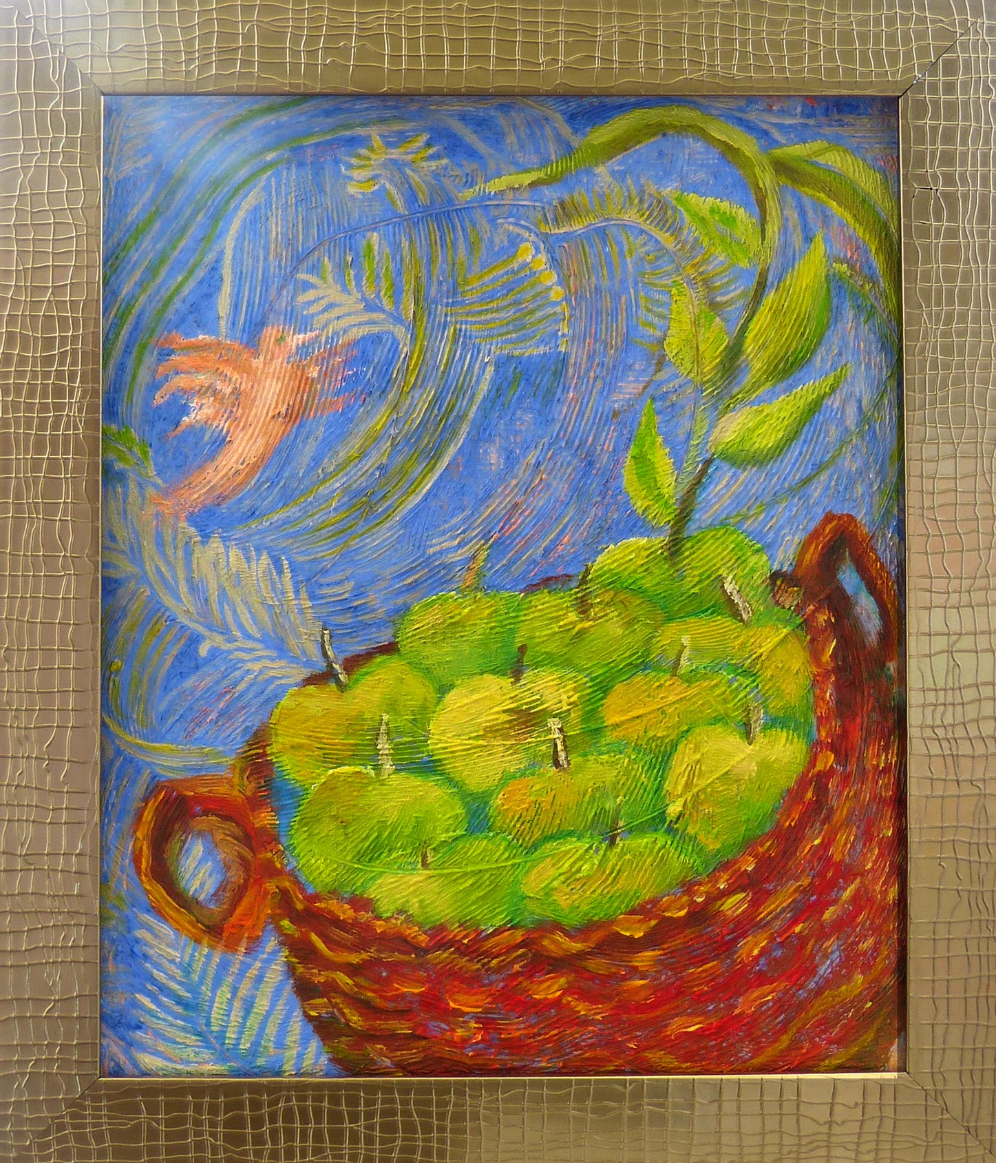 Koliber i kosz jabłek obraz olejny w ramce