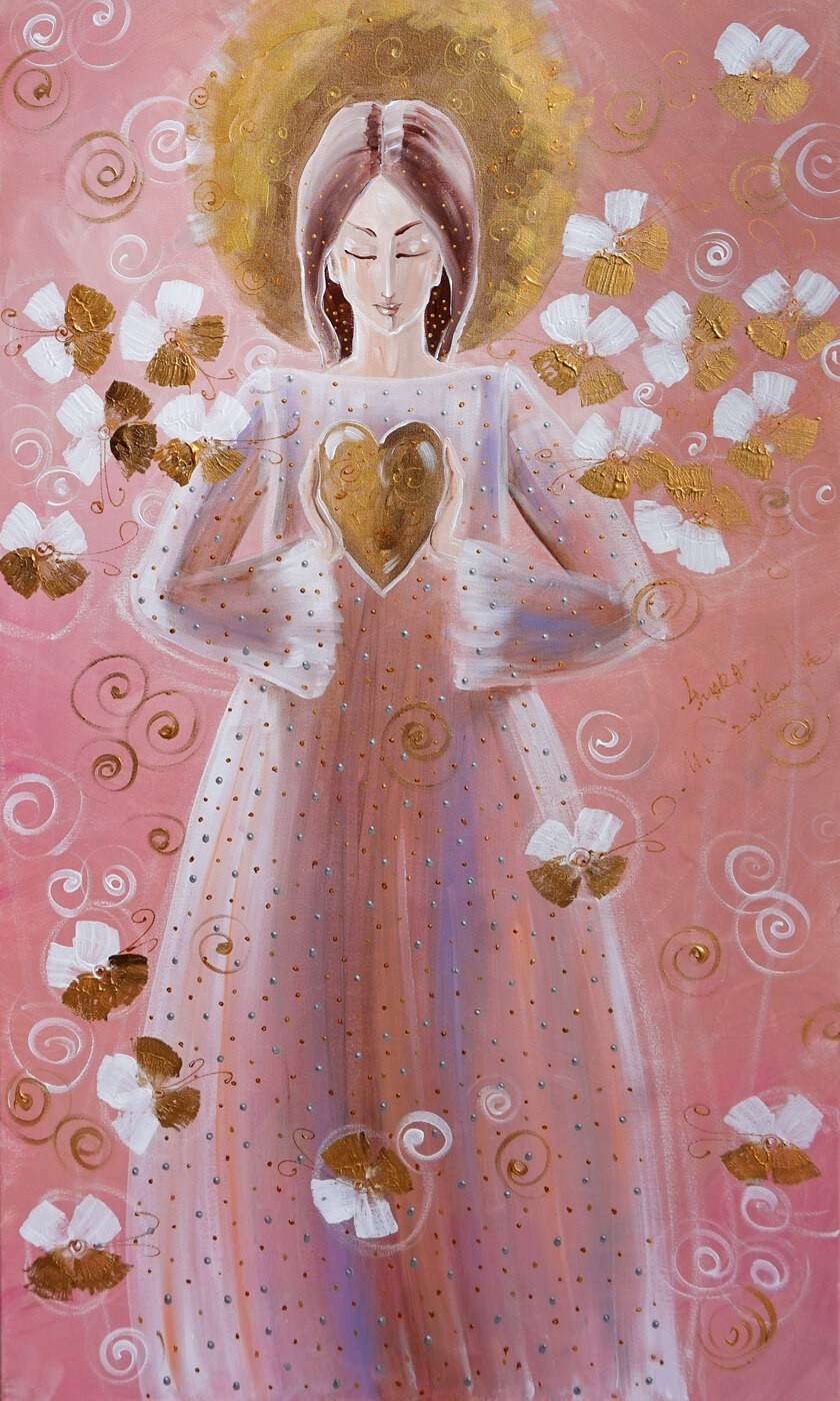 Anioł z serduszkiem 3 Różowy. Giclee
